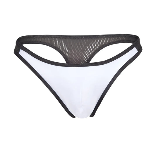 Agacio AGK039 thong in white and black mesh with a smooth, form-fitting design shown from the back side