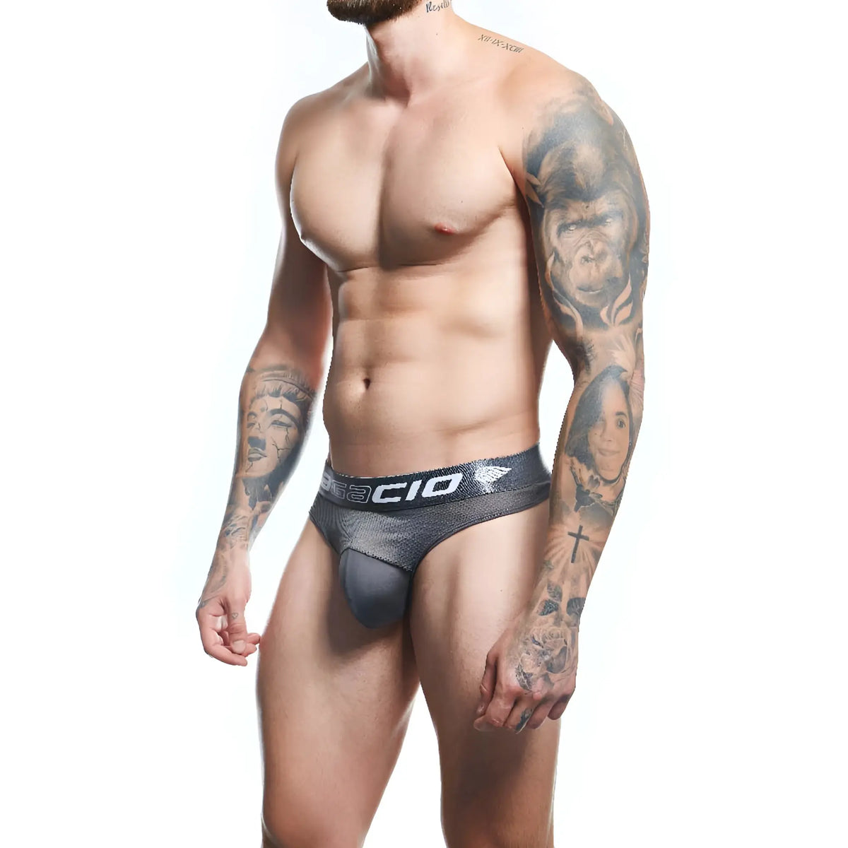 Black and gray textured menâ€™s briefs with white basicio logo on waistband from agacio agk040 thong collection