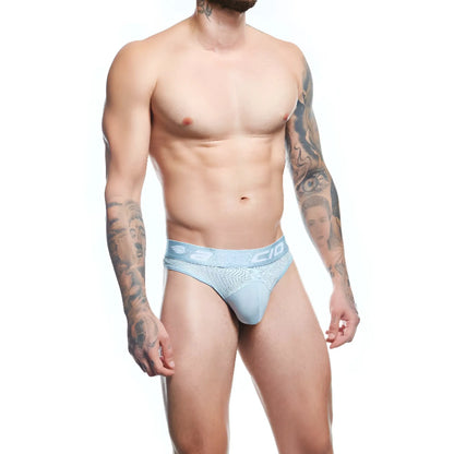 Agacio agk040 thong light blue mesh athletic briefs with solid panel and brand logo on the waistband front view