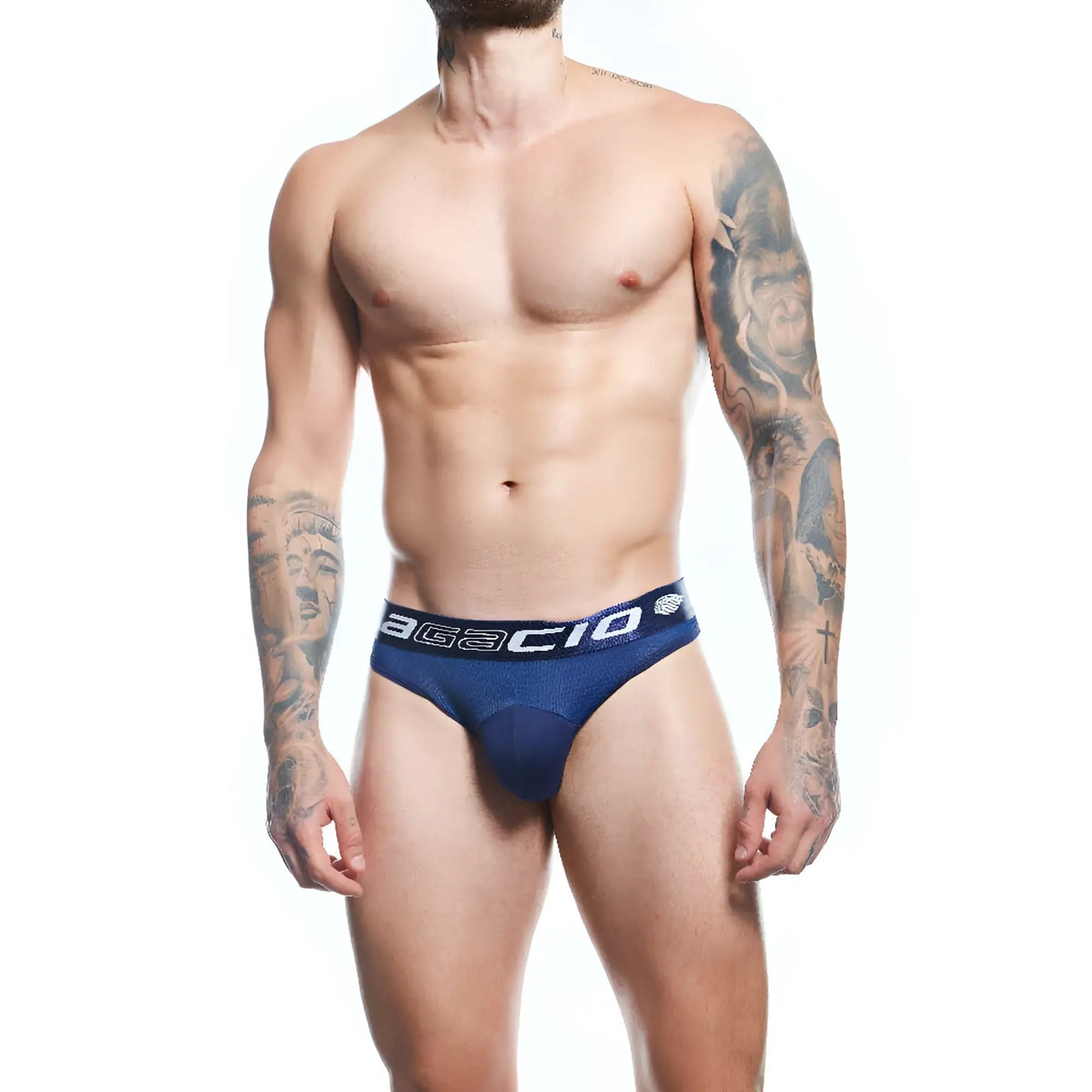 Navy blue Agacio AGK040 thong briefs with textured fabric and white logo trim showing front view
