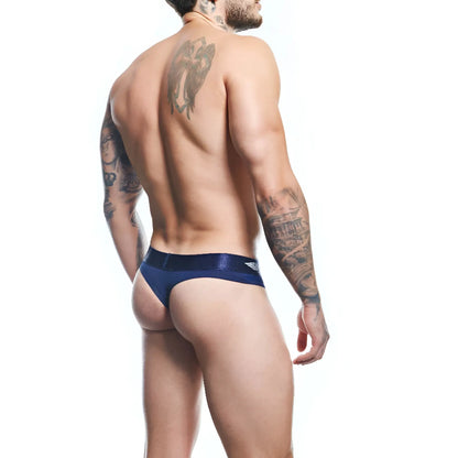 Navy blue satin briefs with a subtle wing logo on the waistband from agacio agk040 thong product line