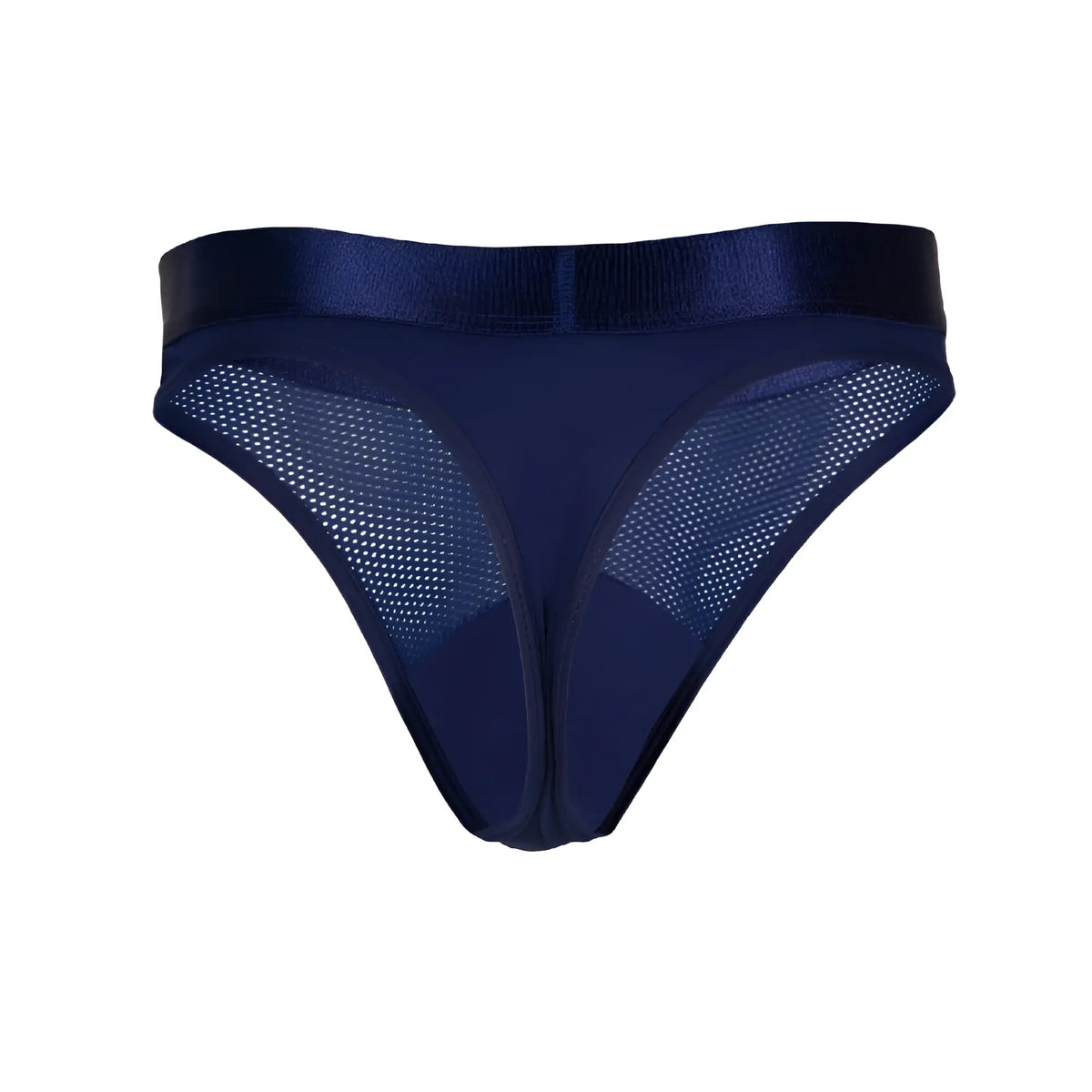 Navy blue Agacio AGK040 thong with satin waistband and mesh panels in front view