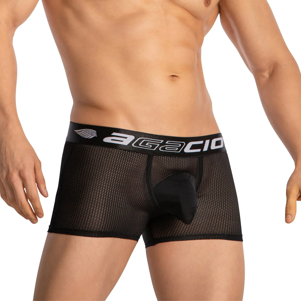 Black mesh boxer briefs with pouch and agacio branded waistband in white lettering agacio boxer mesh trunks agG085