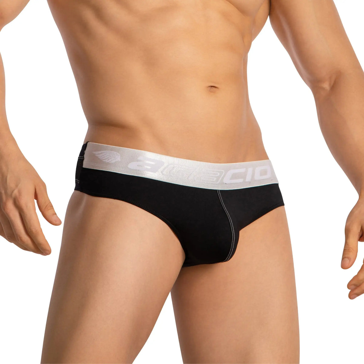 Black menâ€™s briefs with silver waistband featuring amecio logo and wing emblem agacio thongs for guys sports underwear