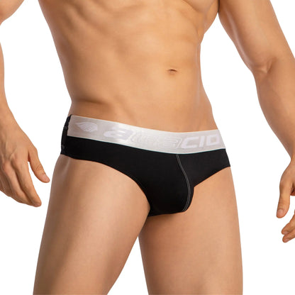 Black menâ€™s briefs with silver waistband featuring amecio logo and wing emblem agacio thongs for guys sports underwear