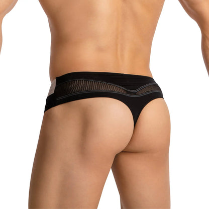 Black agacio thong for guys sports underwear with mesh panel and white stitching details front view