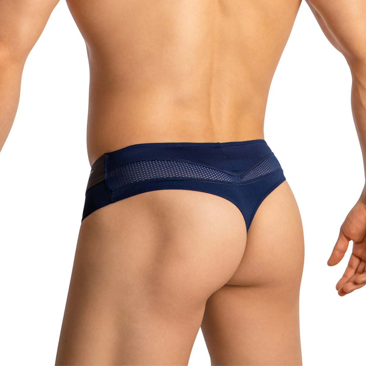 Navy blue agacio thongs for guys sports underwear featuring mesh panel detailing in front