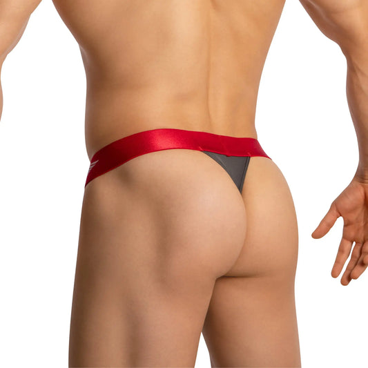 Agacio v-cut sheer menâ€™s thong with red satin waistband and sleek minimalist design on dark gray fabric