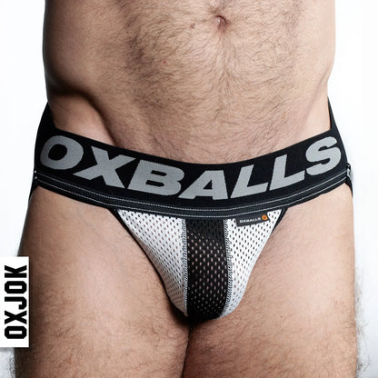 Black and white airmesh jockstrap briefs with bold oxballs logo on waistband made from breathable mesh material