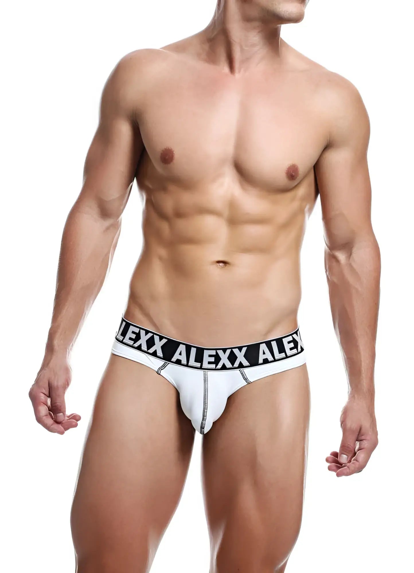 White alexx andy thong underwear with black waistband and bold white alexx branding size xl