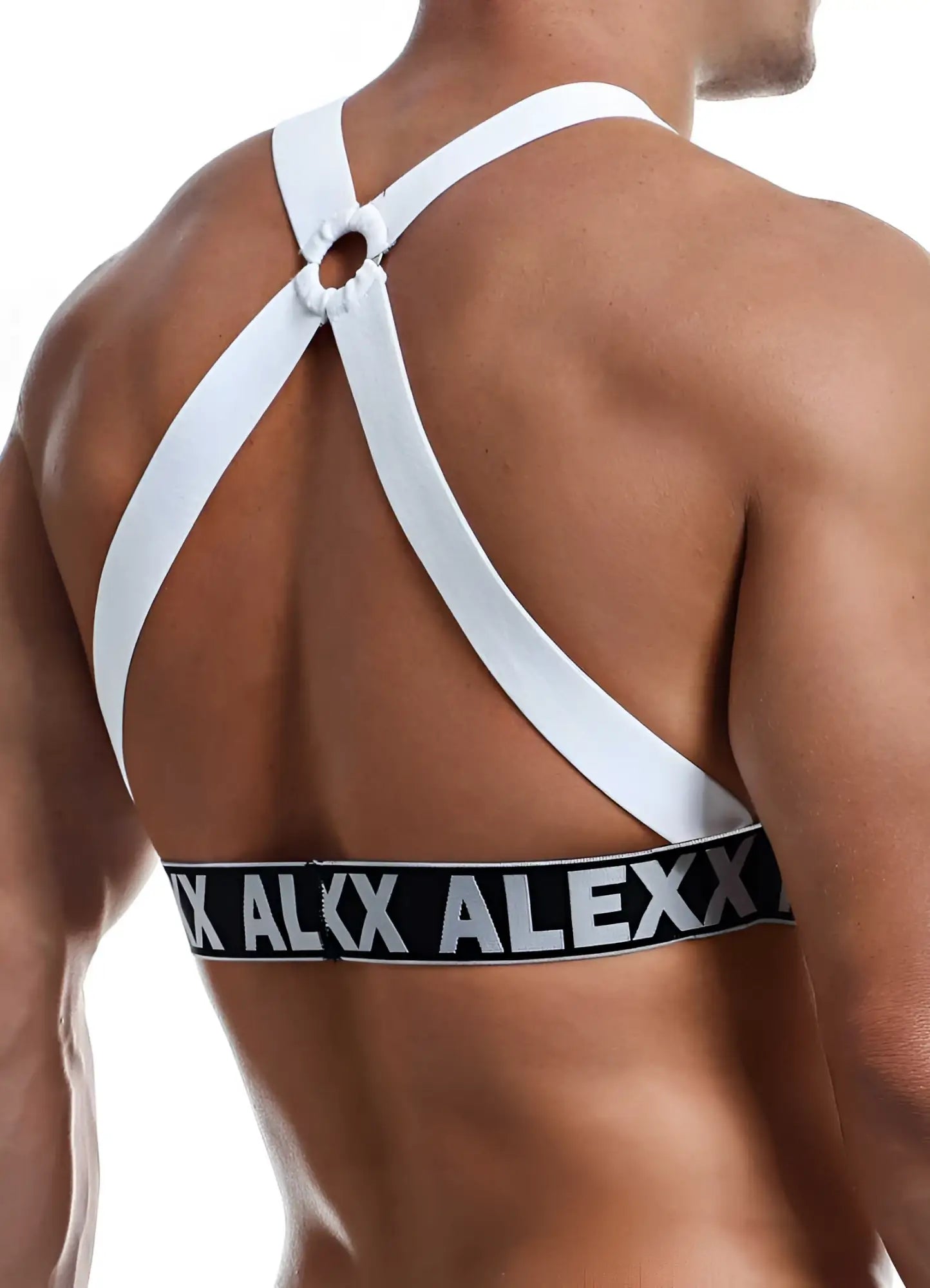 White cross-back athletic supporter with black elastic alexx branding shown from the back for size one size