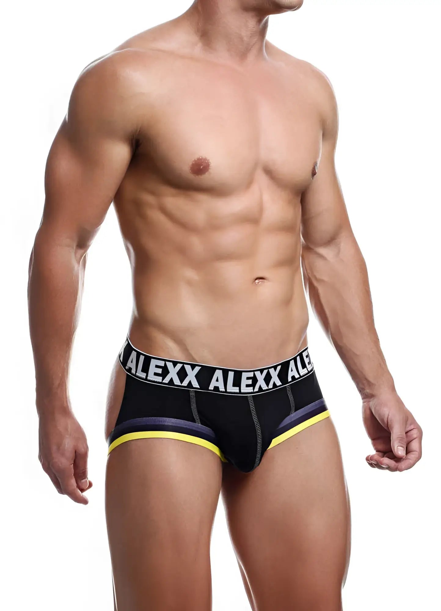 Black alexx underwear gareth jock strap briefs with bold white logo band and vibrant yellow trim size s
