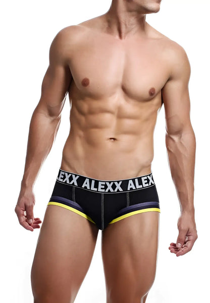 Black alexx men’s briefs with white alexx waistband and yellow trim in size small gareth jock strap underwear ale007