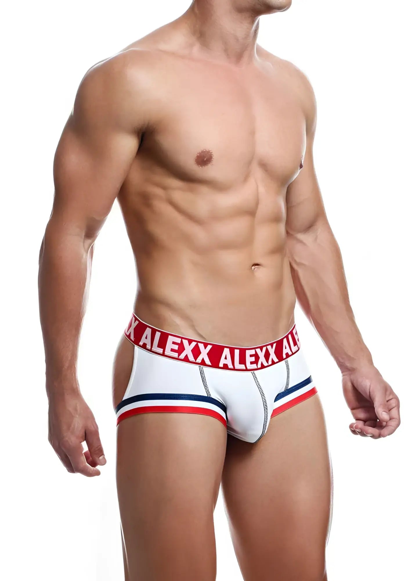 White men’s briefs with red and blue trim and bold alexx logo band in red lettering size s ale007 model