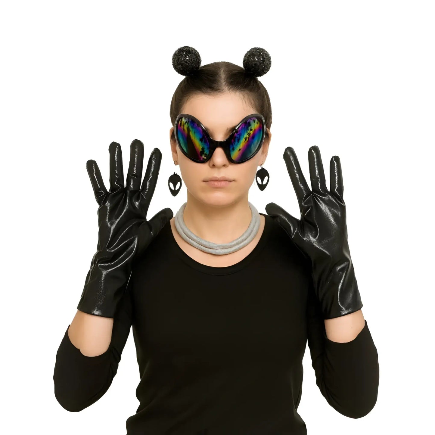 Black patent leather gloves with a glossy finish and long fitted design from the alien dress-up kit