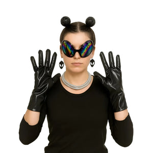 Black patent leather gloves with a glossy finish and long fitted design from the alien dress-up kit