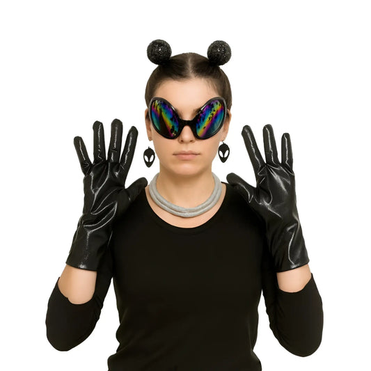 Black patent leather gloves with a glossy finish and long fitted design from the alien dress-up kit