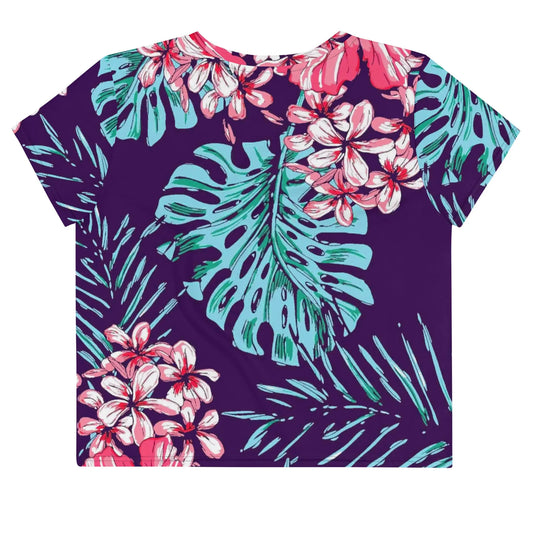 Purple floral crop tee shirt with vibrant pink and green tropical patterns made by Maris Equi.
