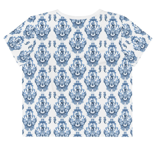 Blue baroque patterned crop tee shirt by Maris Equi featuring a relaxed fit and short sleeves made from soft fabric.