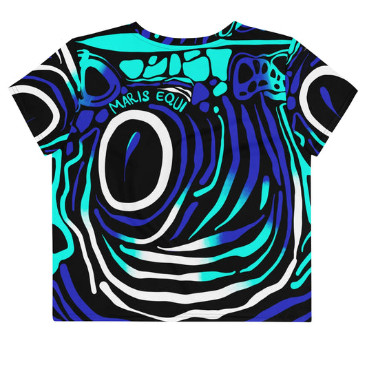 Colorful cropped tee shirt by Maris Equi featuring an abstract angelfish design in blue black and white.