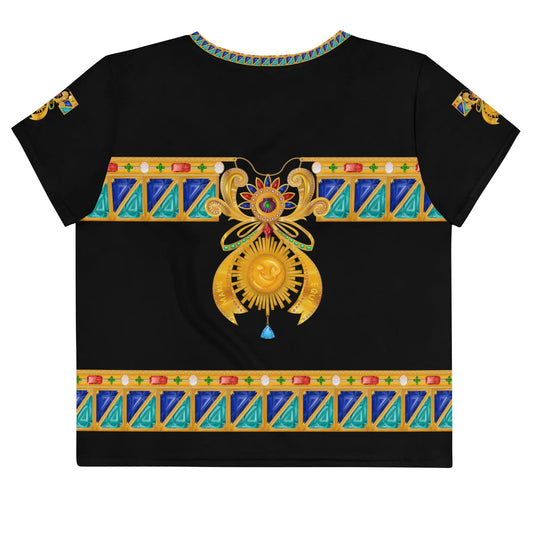 Black crop tee shirt by Maris Equi featuring colorful bejeweled patterns and decorative motifs on the front and back.