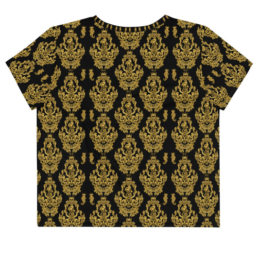 Black crop tee shirt with gold baroque pattern made of soft fabric designed by Maris Equi featuring a relaxed fit.