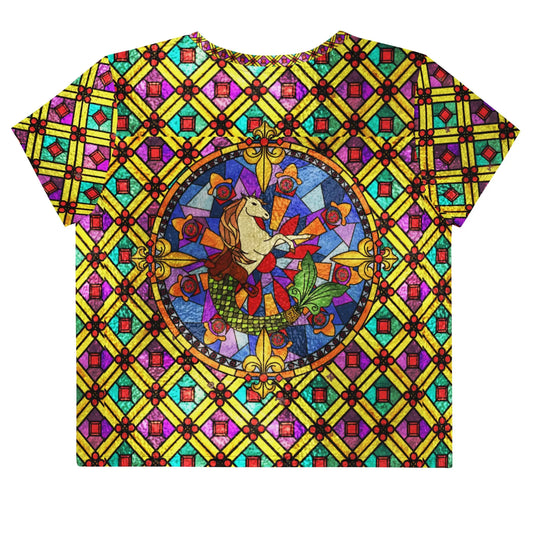 Colorful stained glass pattern crop tee shirt by Maris Equi featuring a central horse design and vibrant geometric shapes.