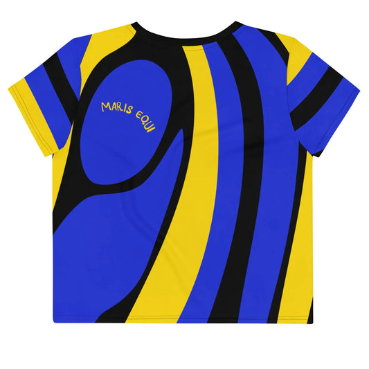 Men's crop tee shirt in blue and yellow with black stripes featuring Maris Equi logo on the back.