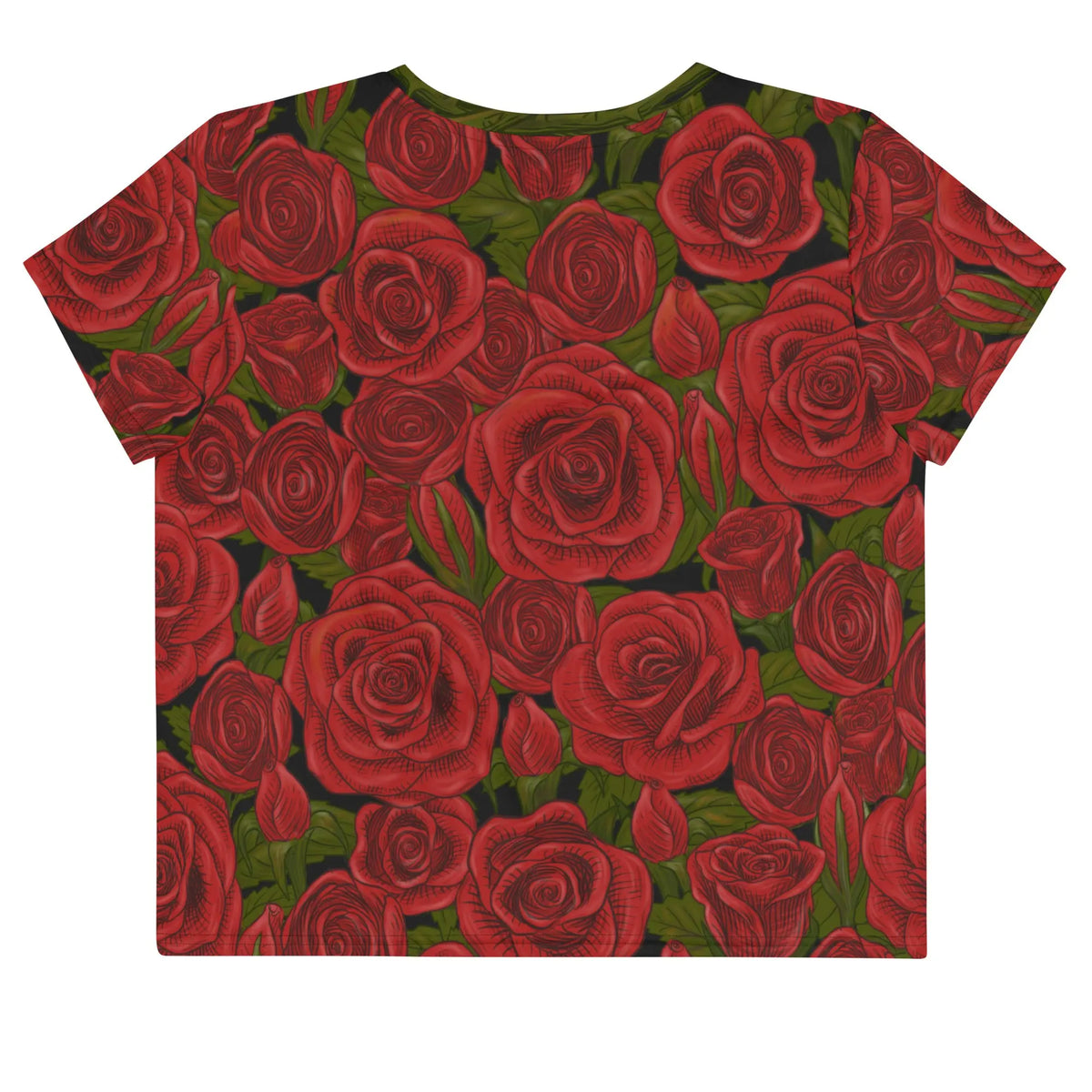 Maris Equi men's crop tee shirt featuring a vibrant red rose pattern on a dark green background.