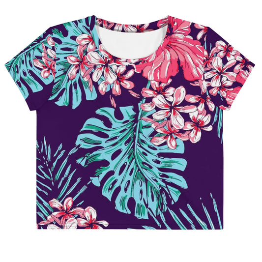 Men's floral crop tee shirt by Maris Equi featuring vibrant pink and blue tropical flowers on a dark purple background.