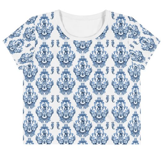 White crop tee shirt with blue baroque pattern featuring a rounded neckline by Maris Equi.