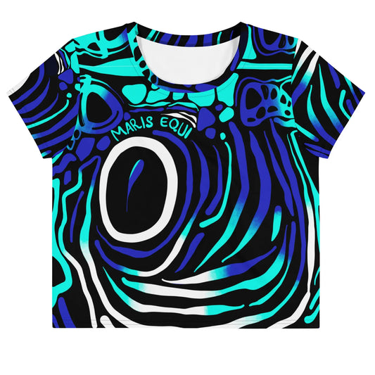 Colorful crop tee shirt featuring a bold angelfish design in blue and black by Maris Equi with a round neckline.