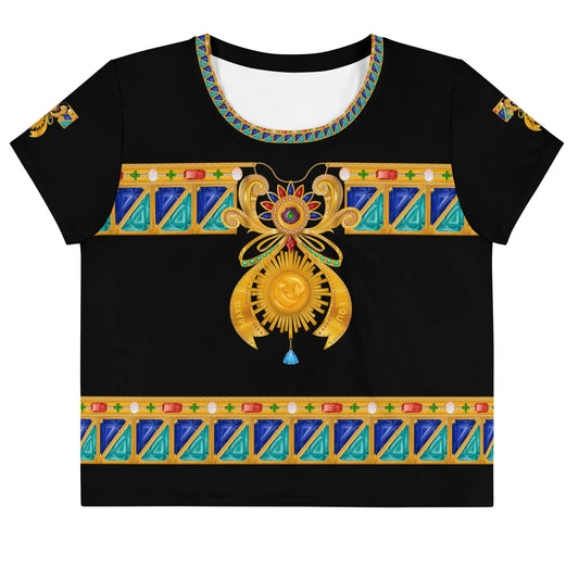 Black crop tee shirt by Maris Equi featuring colorful bejeweled graphic and ornate design details on the front.