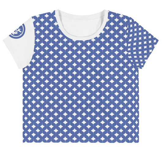 Blue crop tee shirt with manta ray pattern short sleeves and white accents designed by Maris Equi.