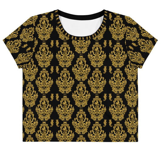 Black crop tee shirt with gold baroque pattern made by Maris Equi featuring a round neckline and short sleeves.