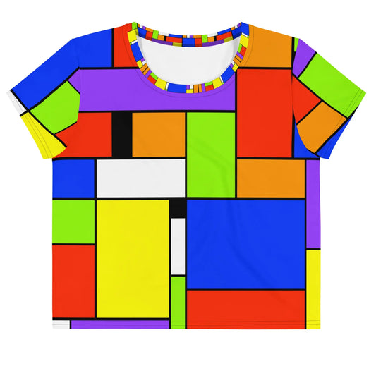Colorful cropped tee shirt by Maris Equi featuring a geometric pattern in vibrant colors like blue orange green and red.