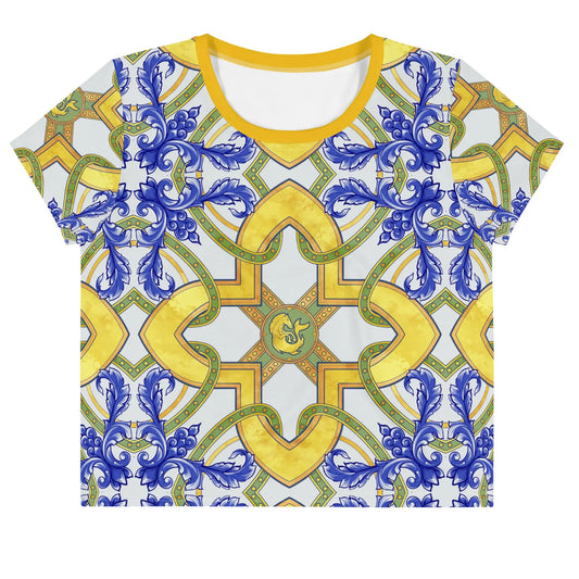 Colorful crop tee shirt with a floral and geometric pattern in yellow and blue designed by Maris Equi.