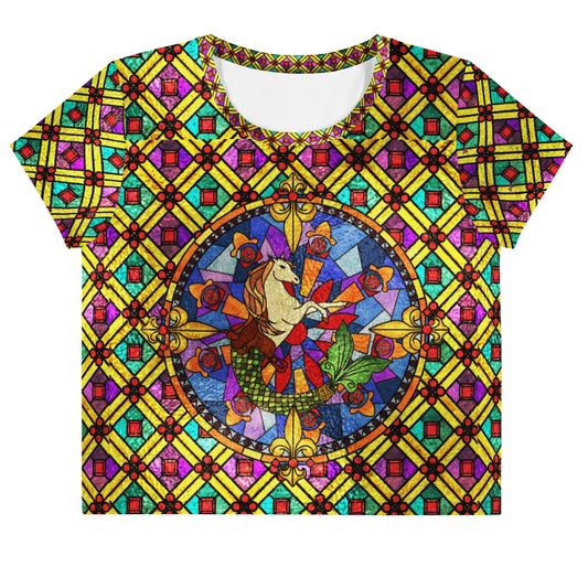 Colorful stained glass crop tee shirt featuring a horse design made by Maris Equi with vibrant patterns and a relaxed fit.
