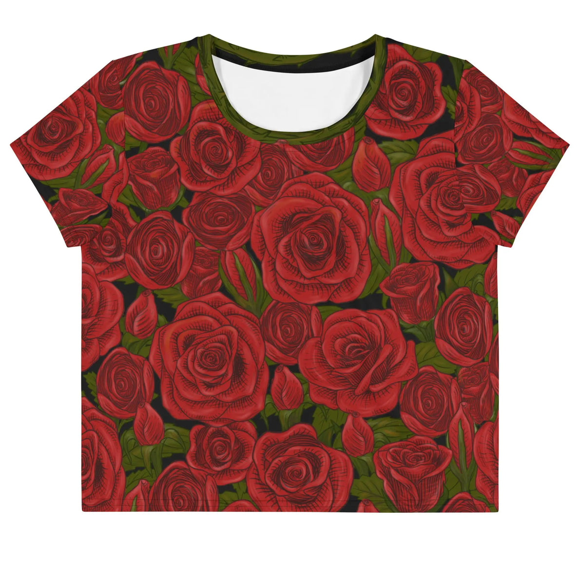 Red rose pattern crop tee shirt with a round neckline made of soft fabric by Maris Equi.