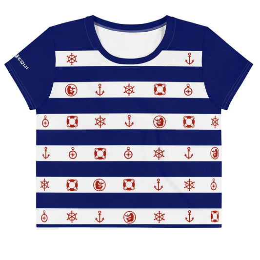 Nautical-themed men's tee shirt by Maris Equi featuring blue and white stripes with red anchor and lifebuoy patterns.