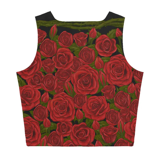 Men's crop tank top by Maris Equi featuring a vibrant red rose pattern on a black background made from soft fabric.