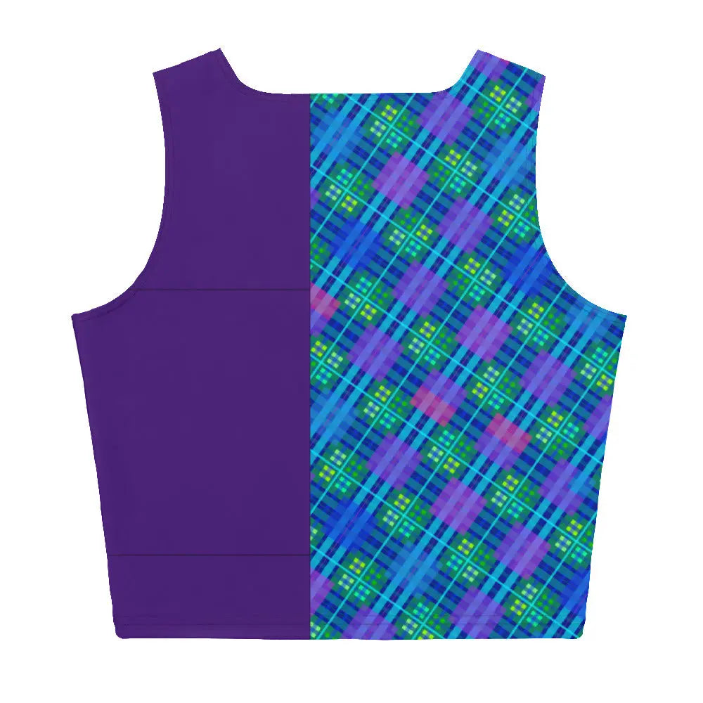 Men's crop tank top by Maris Equi featuring a purple side and a blue tartan pattern side made from soft fabric.