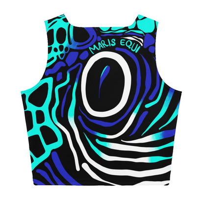 Men's crop tank top by Maris Equi featuring a vibrant blue and black abstract design with a round neckline and sleeveless cut.