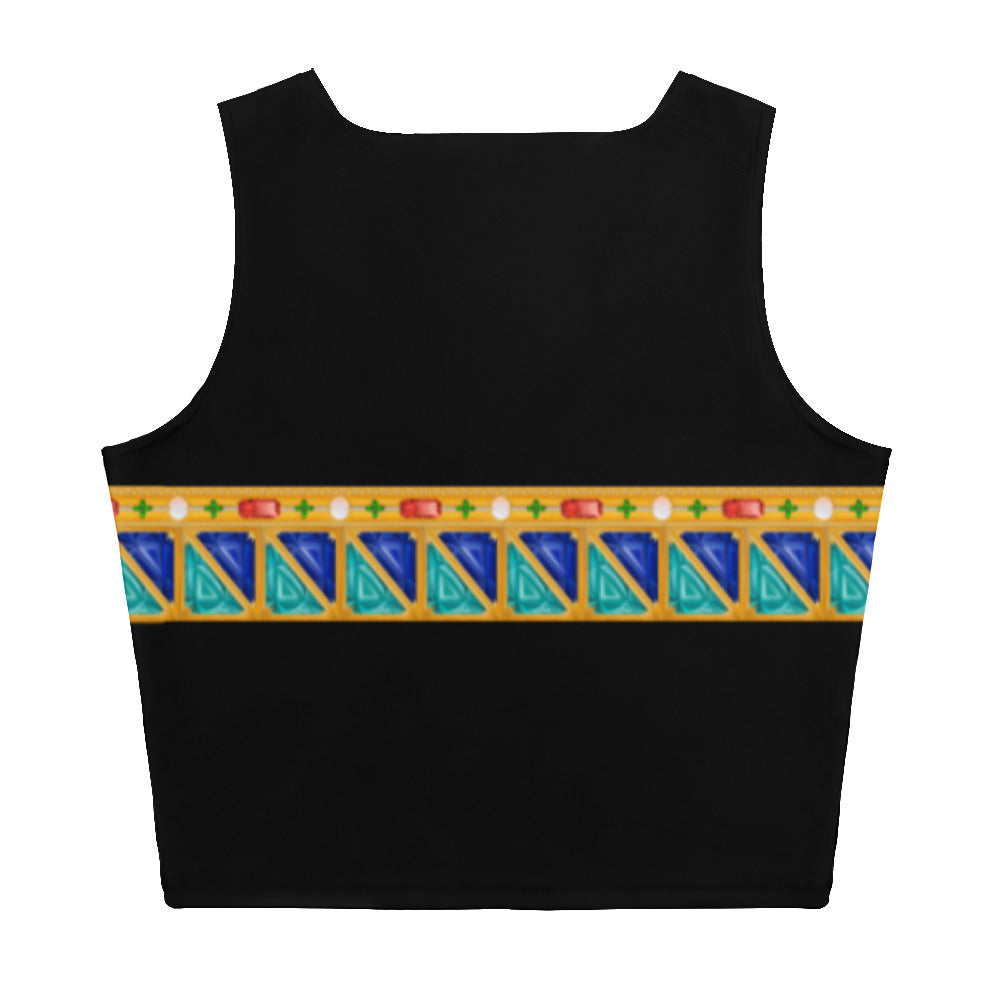 Black crop tank top featuring a colorful geometric pattern along the hem designed by Maris Equi.
