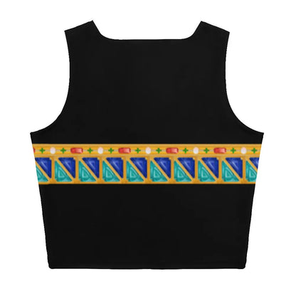 Black crop tank top featuring a colorful geometric pattern along the hem designed by Maris Equi.