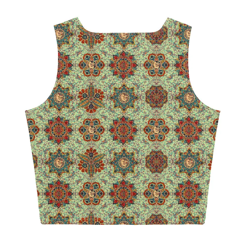 Green mosaic patterned men's crop top tank by Maris Equi featuring intricate floral designs and a sleeveless cut.