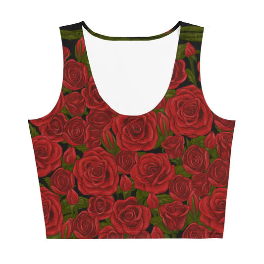 Men's crop tank top featuring a vibrant red rose pattern on a dark green background designed by Maris Equi.