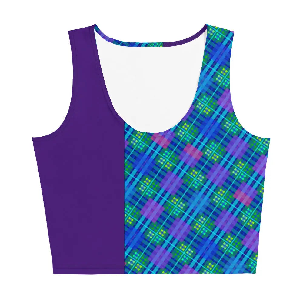 Men's crop tank top by Maris Equi featuring a blue tartan pattern and solid purple side made from soft fabric.