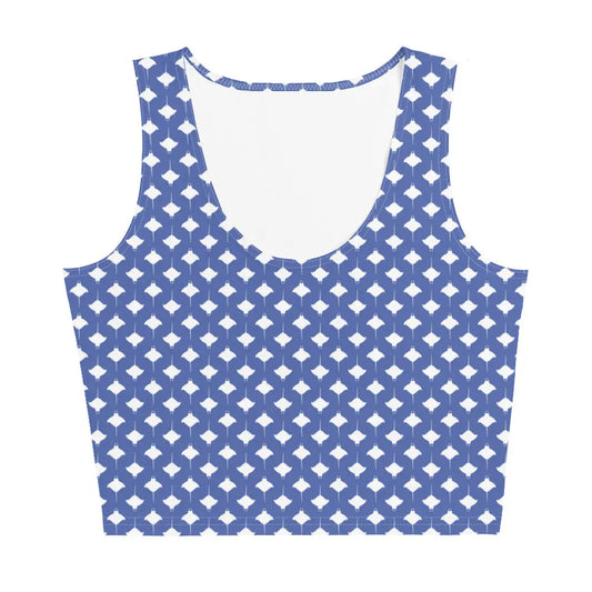 Blue crop tank top with a geometric white pattern made of soft fabric by Maris Equi.