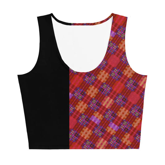 Men's crop tank top featuring a red tartan pattern and black side made by Maris Equi with a scoop neckline.